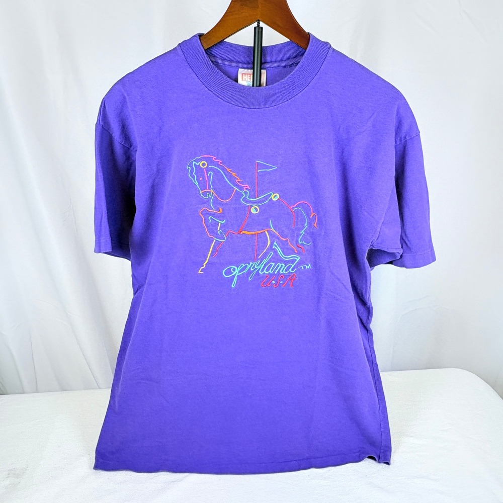 Vtg 90s Hefty Opryland USA T-Shirt Purple Embroidered Single Stitch Horse sz L